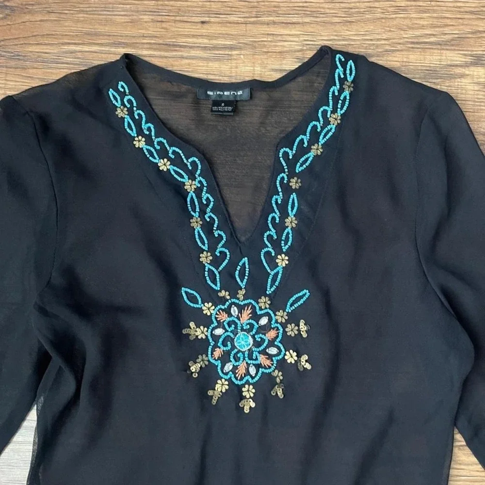 Sirens Y2K Sheer Black Beaded Blouse Women Small Fairy Boho Whimsygoth Going Out - Picture 3 of 8
